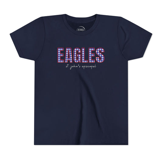 Big Kid Blue Gingham Eagle Spirit Tee | Unisex Bella + Canvas Youth Jersey Tee