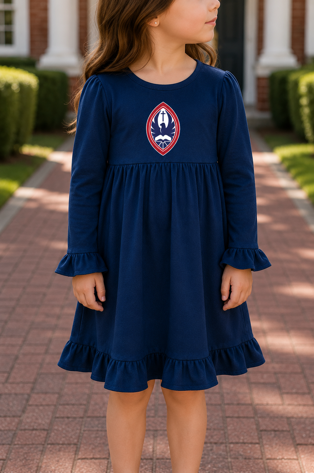 Little Kid Long Sleeve Ruffle Crest Dress