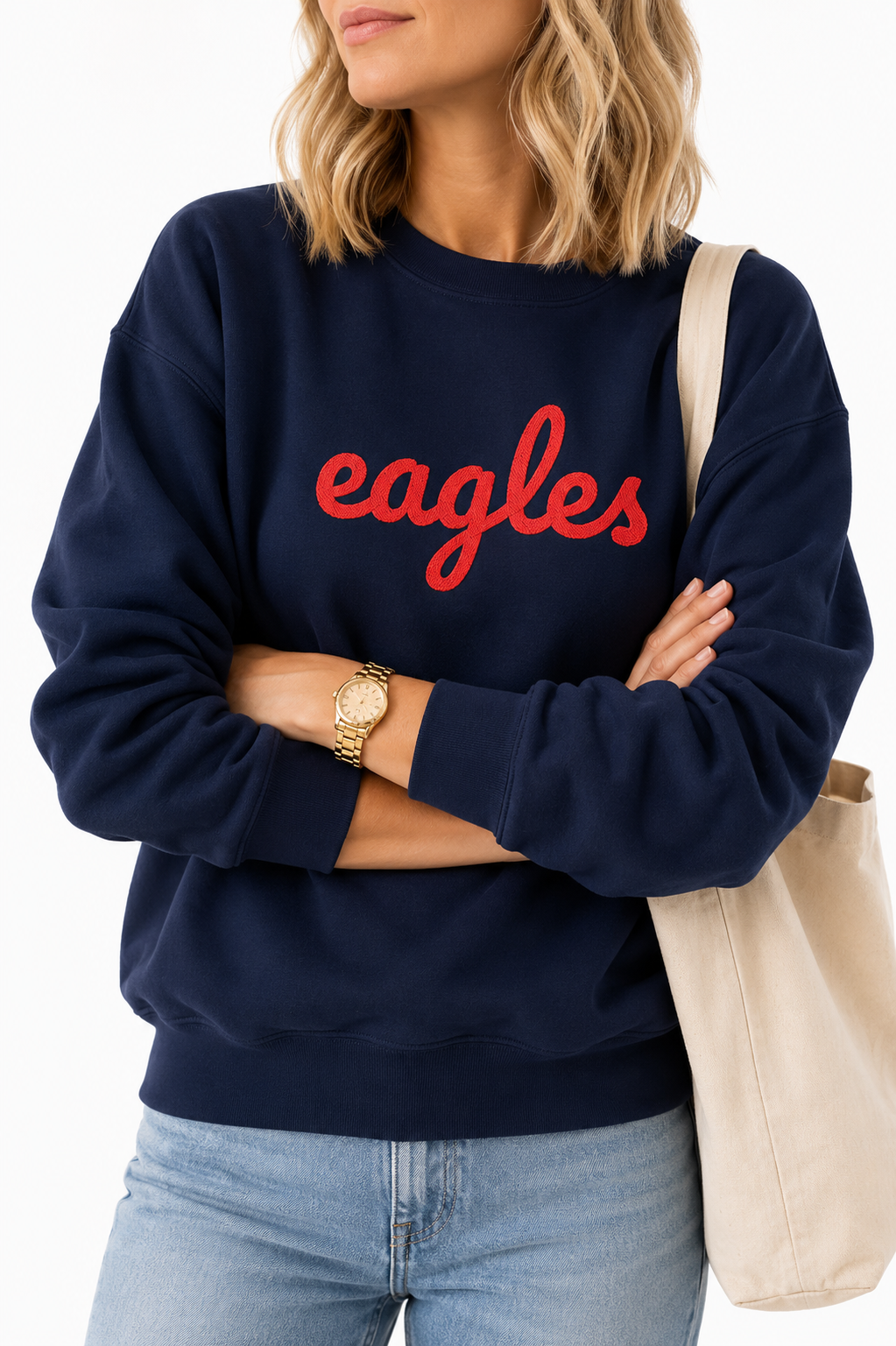 Adult Eagles Red Script Embroidered Crewneck Sweatshirt