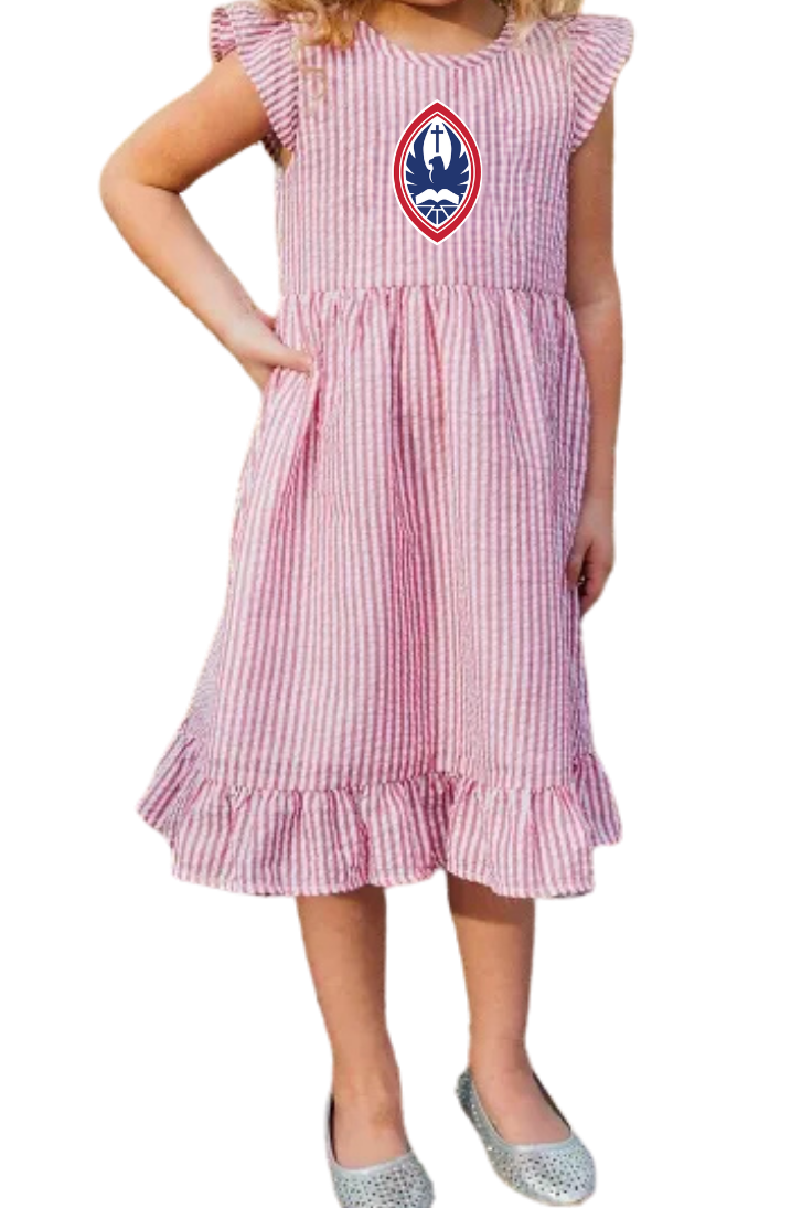 Little Kid St. John's Seersucker Flutter Sleeve Crest Dress