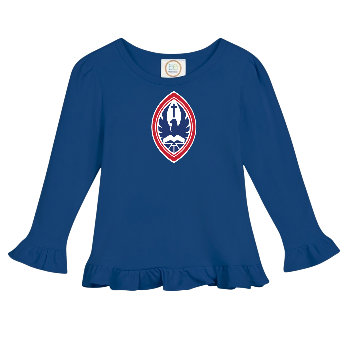 Little Kid Girls Long Sleeve Ruffle Crest Tee