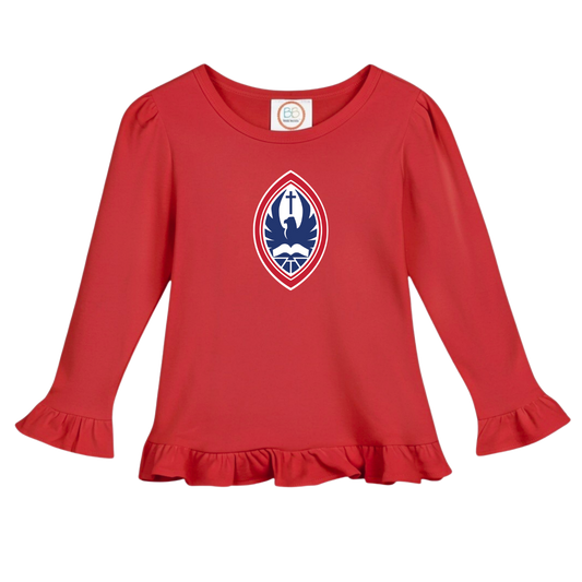 Little Kid Girls Long Sleeve Ruffle Crest Tee