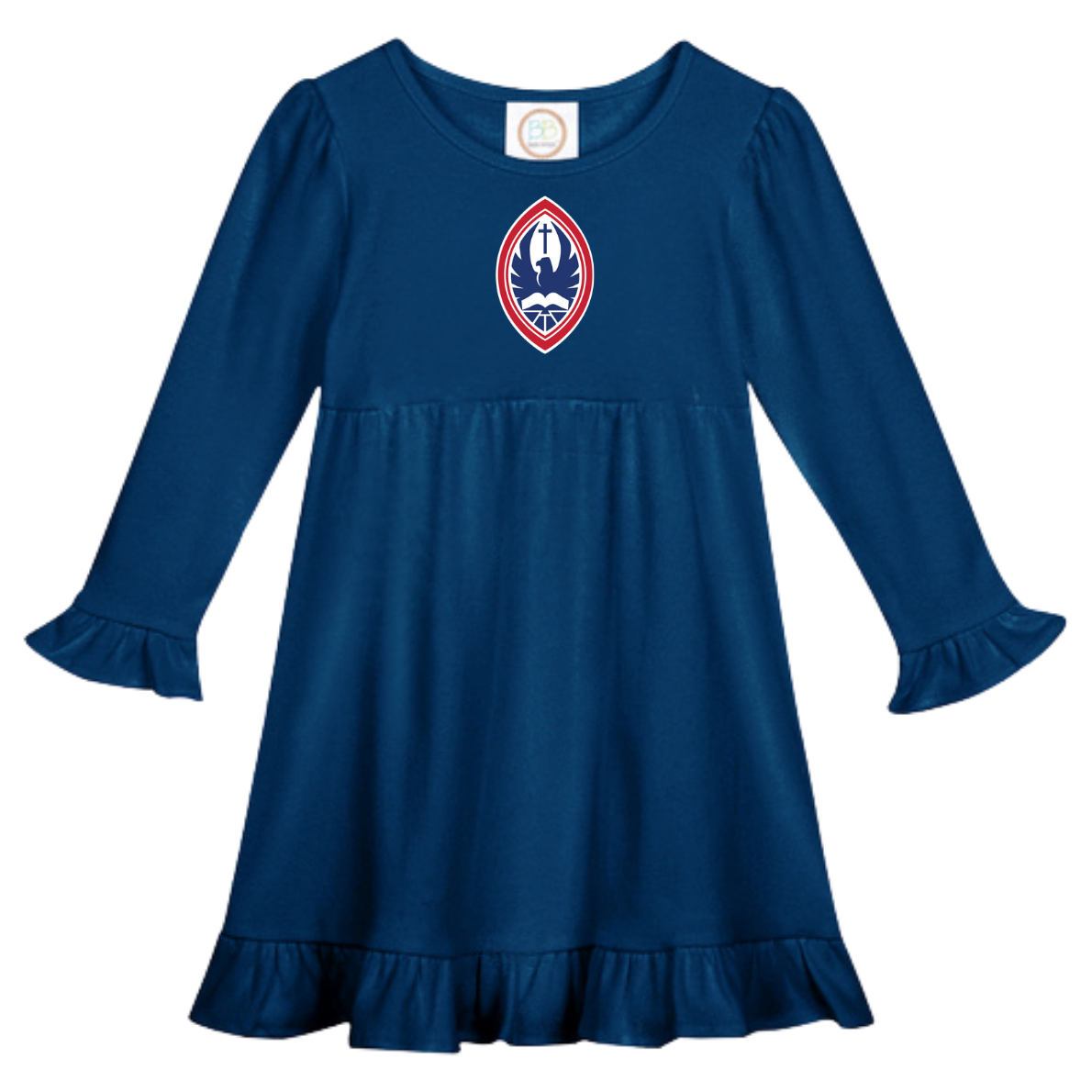 Little Kid Long Sleeve Ruffle Crest Dress